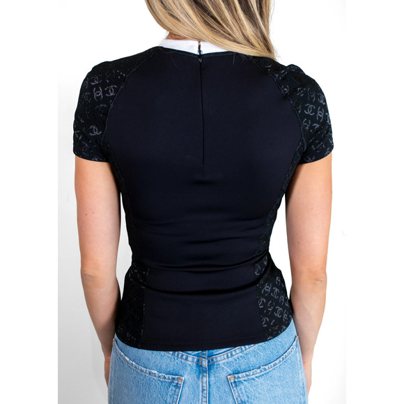 Chanel 24C Black White Crystal CC Logo Neoprene Stretch Jersey Top T Shirt 38 - Picture 16 of 16